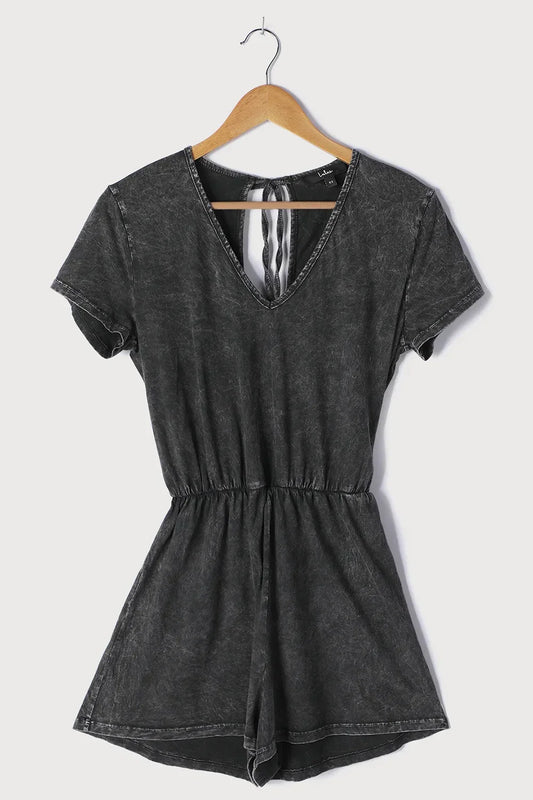 Black Acid Wash Open Back Tie Detail Short Sleeve Romper - Tasha Apparel Wholesale