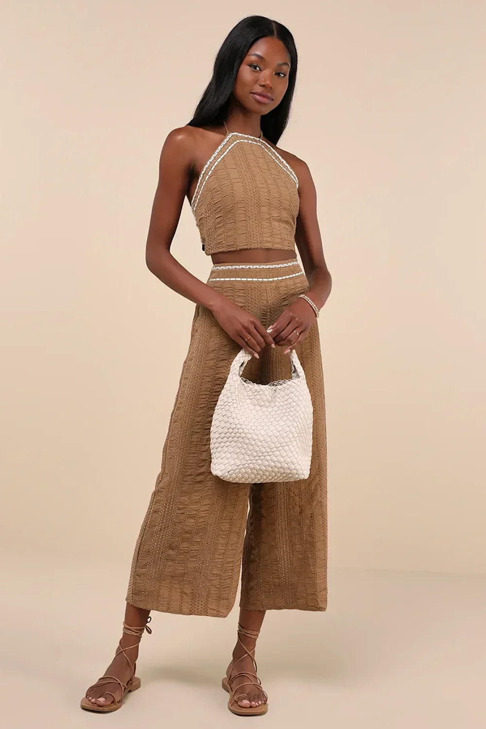 Sunny Confidence Tan Textured Velvet Sleeveless Bandeau Crop Halter Top