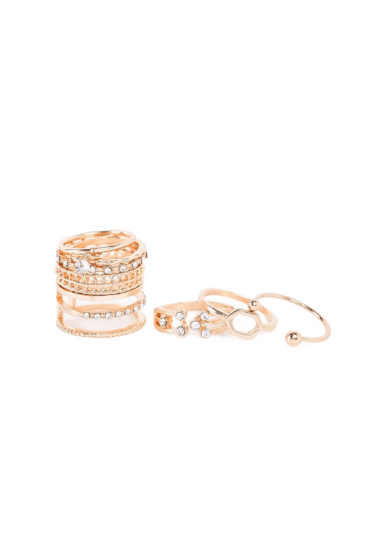 Dark Gold Multi Sized Set Of Eight Rhinestone Rings - Tasha Apparel Wholesale