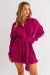 Belted Long Sleeve Pleated Mini Shirt Dress - Tasha Apparel Wholesale