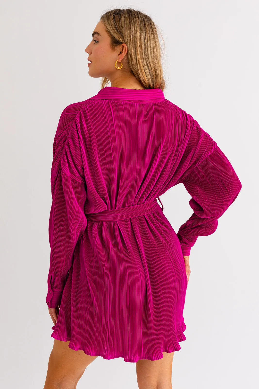 Belted Long Sleeve Pleated Mini Shirt Dress - Tasha Apparel Wholesale