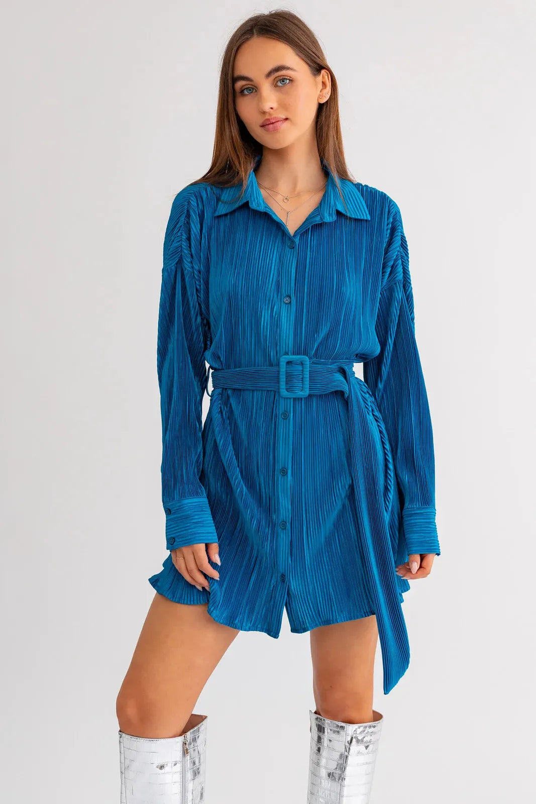 Belted Long Sleeve Pleated Mini Shirt Dress - Tasha Apparel Wholesale
