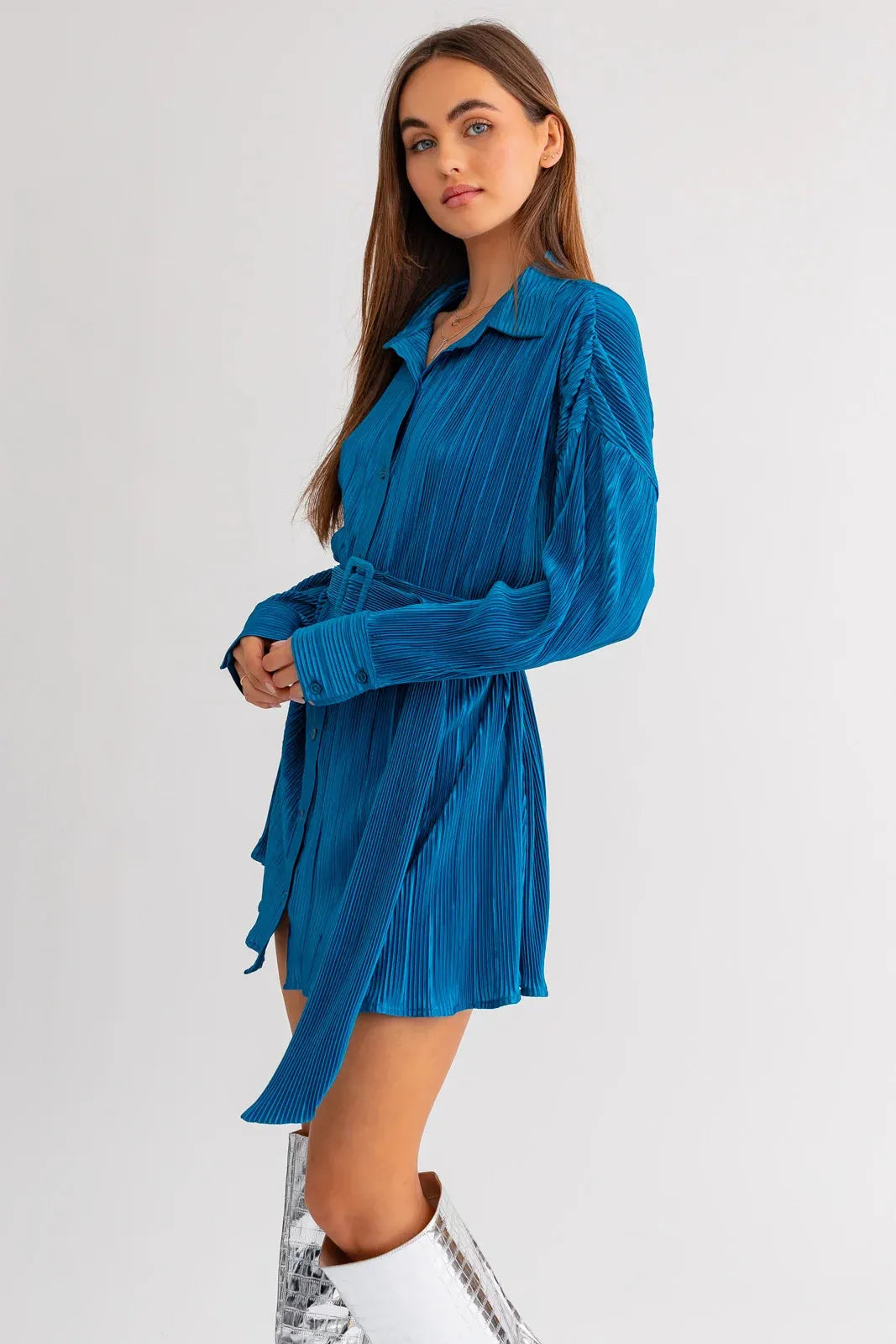 Belted Long Sleeve Pleated Mini Shirt Dress - Tasha Apparel Wholesale