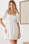 Linen Square-Cut Neckline Open Back Puff Sleeve Empire Waist Baby Doll Mini Dress - Tasha Apparel Wholesale