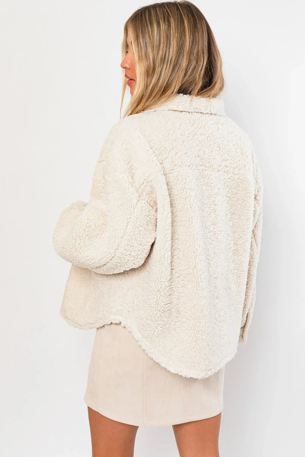Collared Front Pocket Cozy Teddy Sherpa Shacket - Tasha Apparel Wholesale