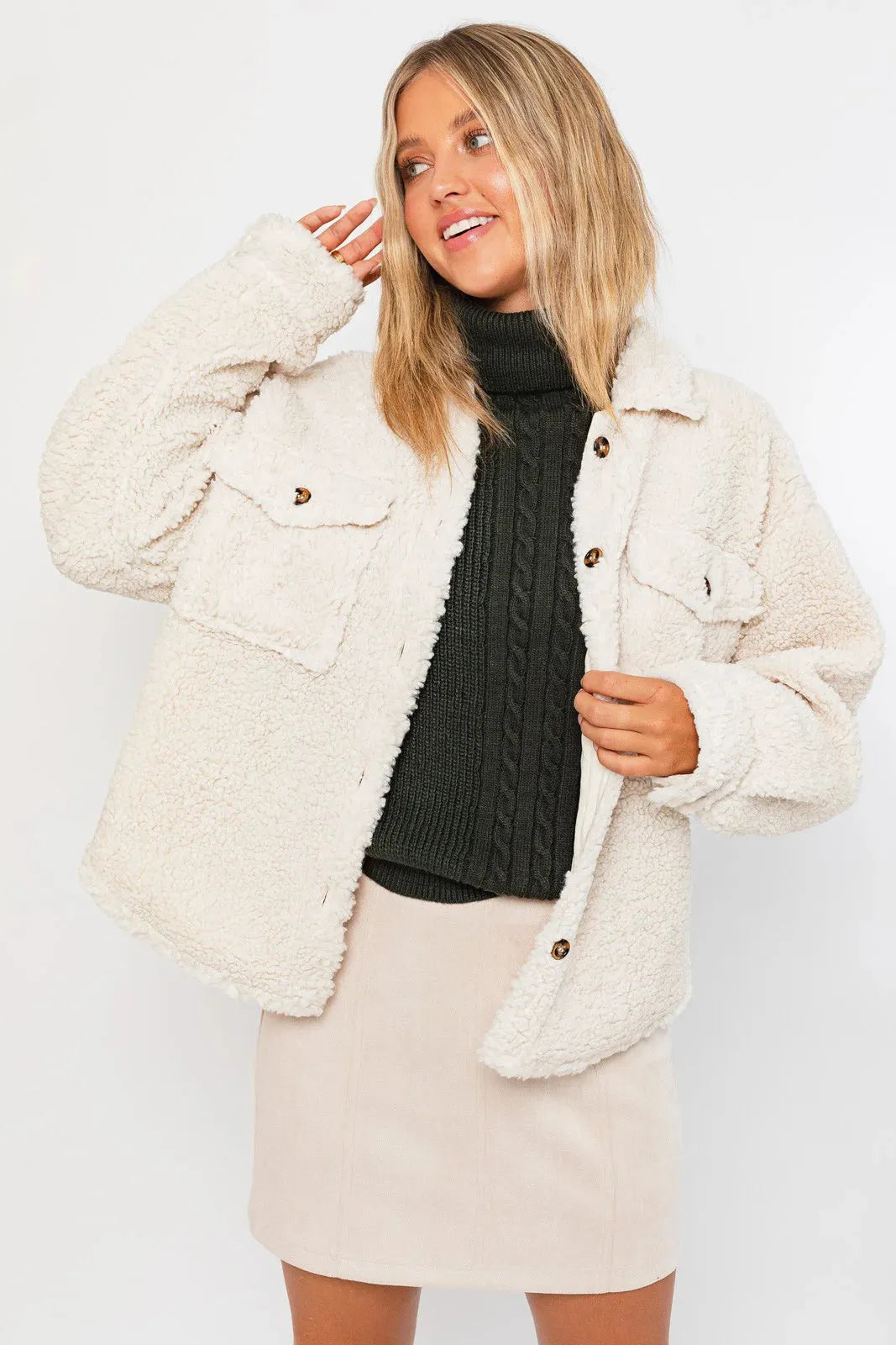 Collared Front Pocket Cozy Teddy Sherpa Shacket - Tasha Apparel Wholesale