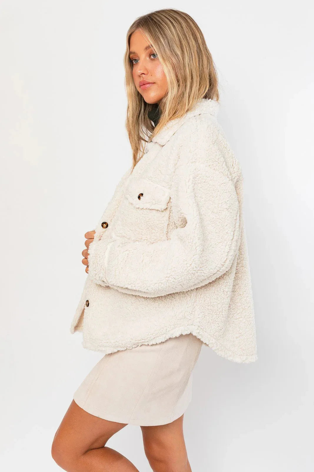 Collared Front Pocket Cozy Teddy Sherpa Shacket - Tasha Apparel Wholesale