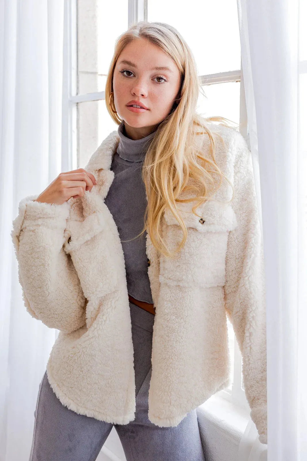 Collared Front Pocket Cozy Teddy Sherpa Shacket - Tasha Apparel Wholesale