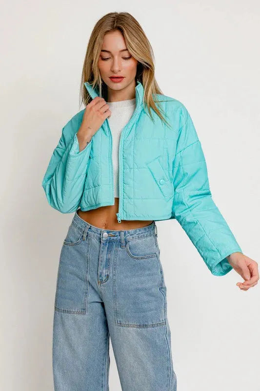 Lightweight Aqua Puff Zip Up Cropped Jacket - Tasha Apparel Wholesale