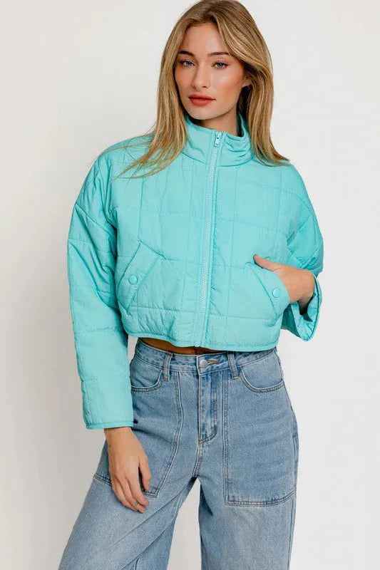 Lightweight Aqua Puff Zip Up Cropped Jacket - Tasha Apparel Wholesale