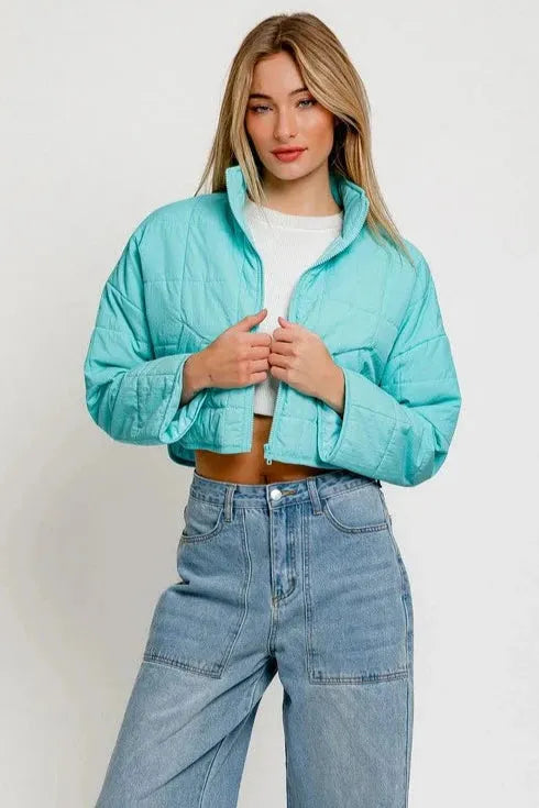 Lightweight Aqua Puff Zip Up Cropped Jacket - Tasha Apparel Wholesale