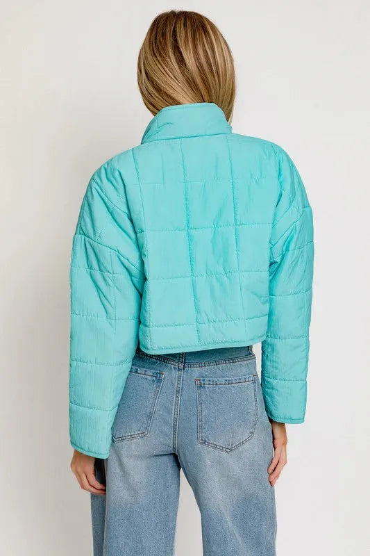 Lightweight Aqua Puff Zip Up Cropped Jacket - Tasha Apparel Wholesale