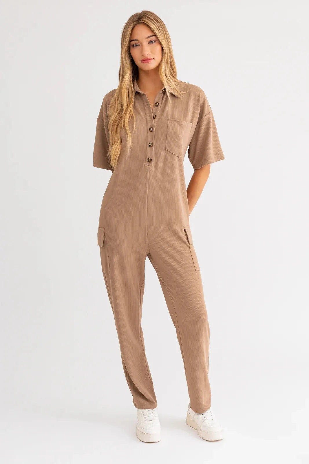 Ribbed Short Sleeve Button Up Cargo Jumpsuit - Tasha Apparel Wholesale