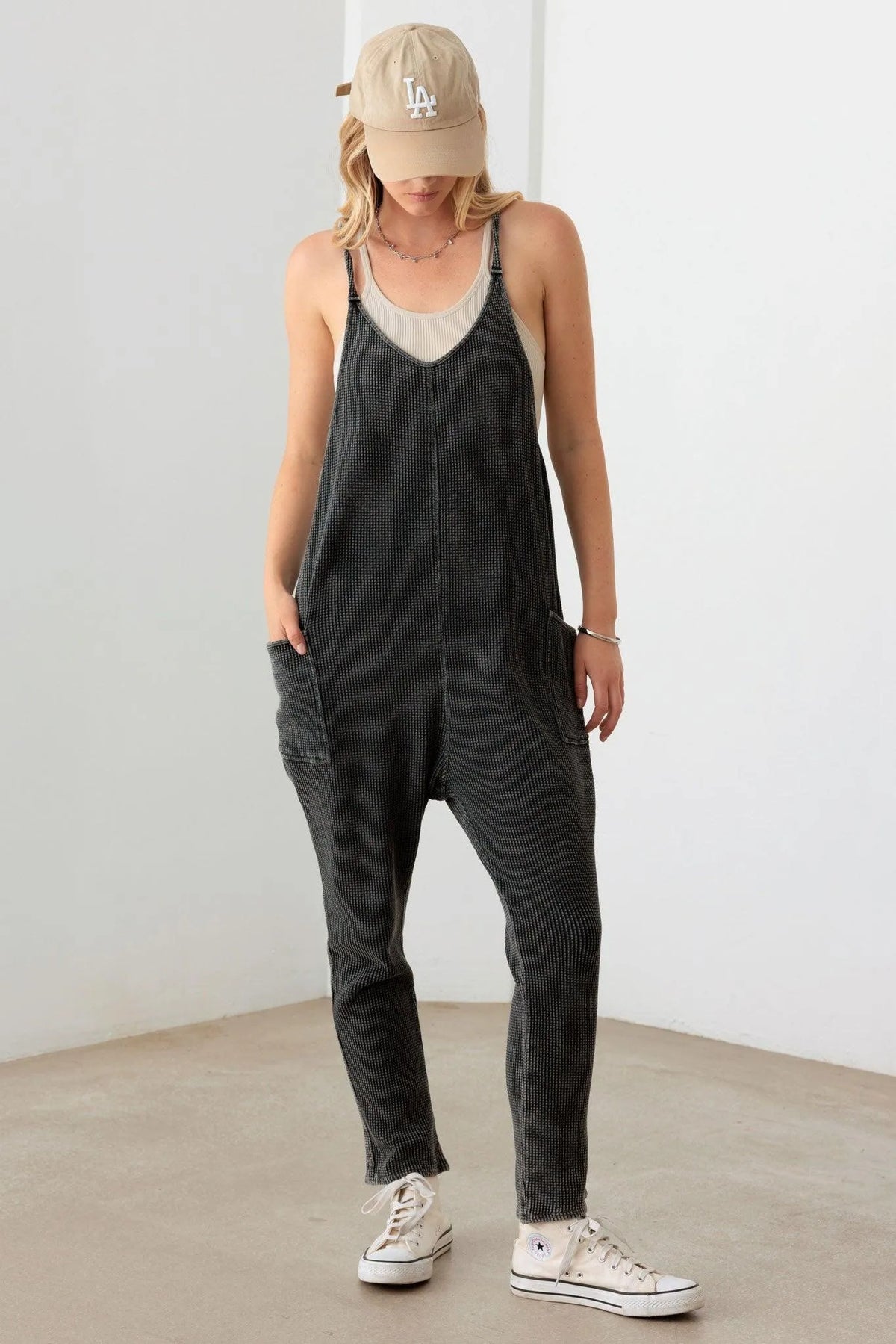 Relaxed Waffle Knit Side Pocket Jumpsuit - Tasha Apparel Wholesale