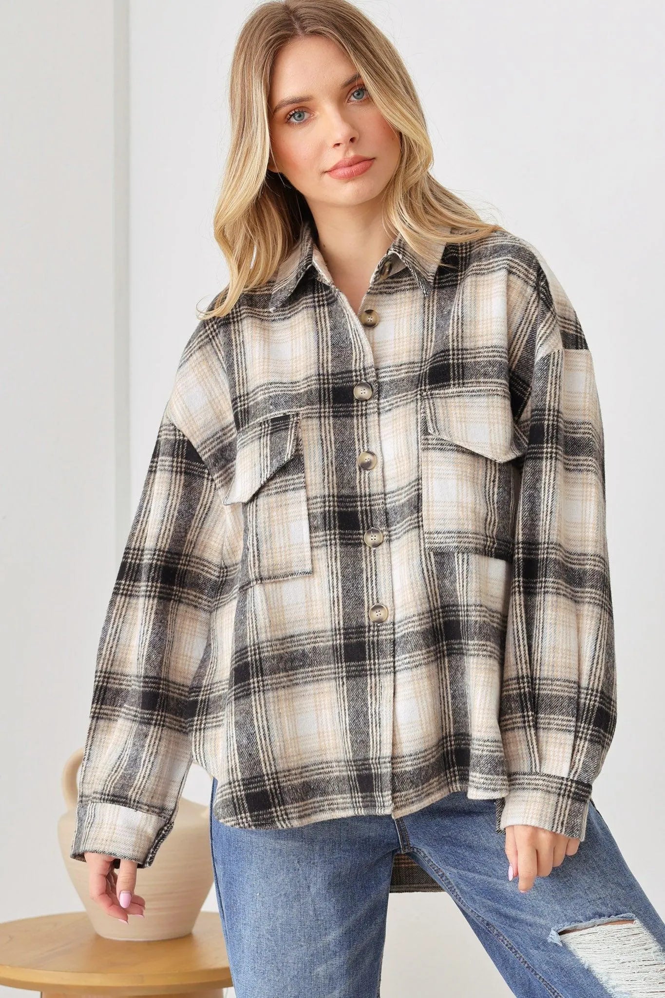 Nashville Country Plaid Long Sleeve Turn Down Collar Oversize Shirt Shacket Jacket - Tasha Apparel Wholesale