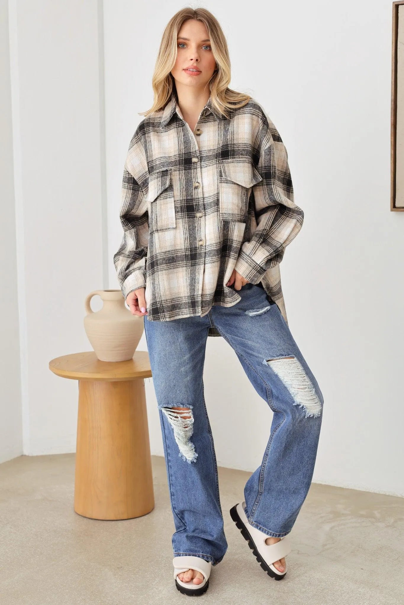 Nashville Country Plaid Long Sleeve Turn Down Collar Oversize Shirt Shacket Jacket - Tasha Apparel Wholesale