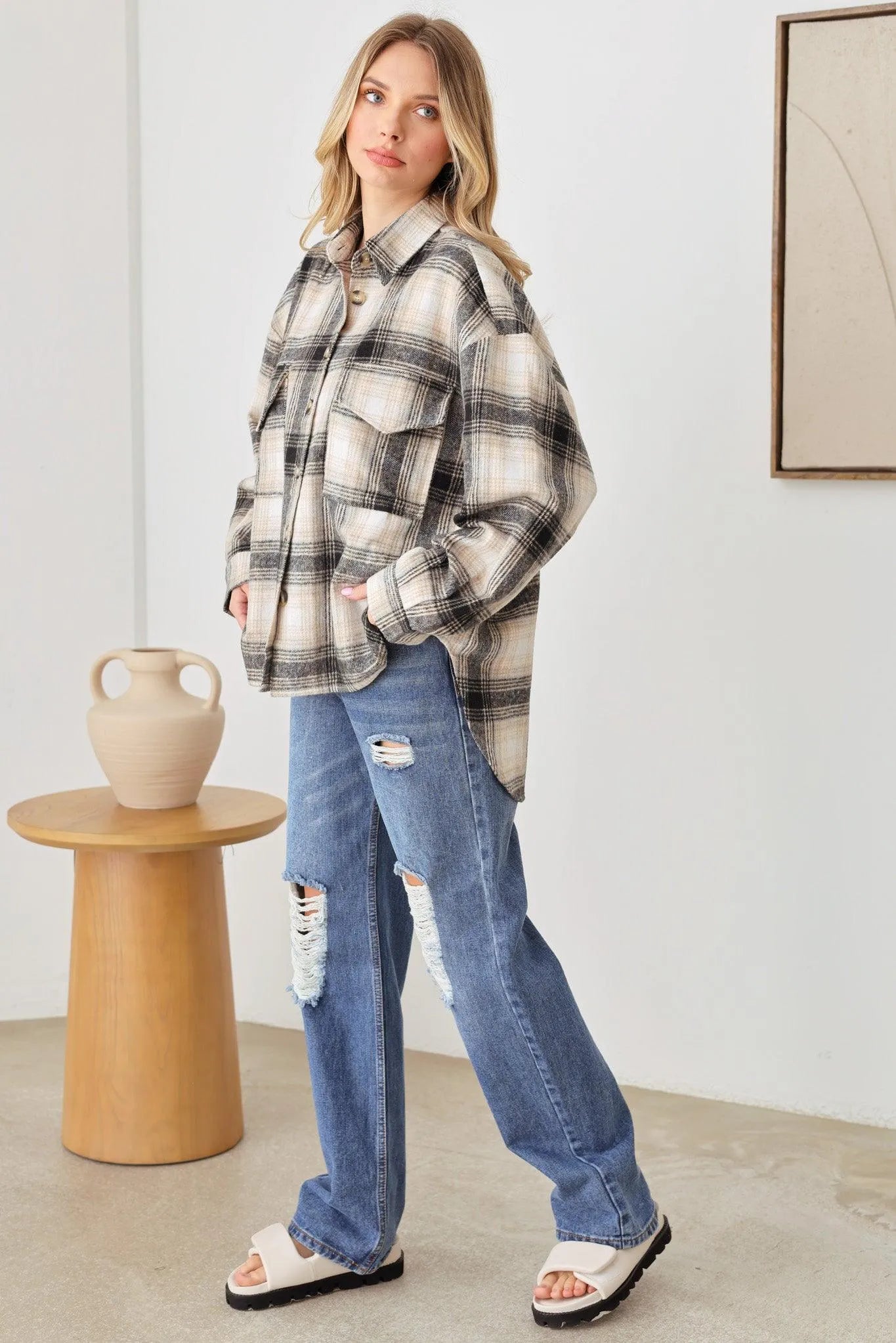 Nashville Country Plaid Long Sleeve Turn Down Collar Oversize Shirt Shacket Jacket - Tasha Apparel Wholesale