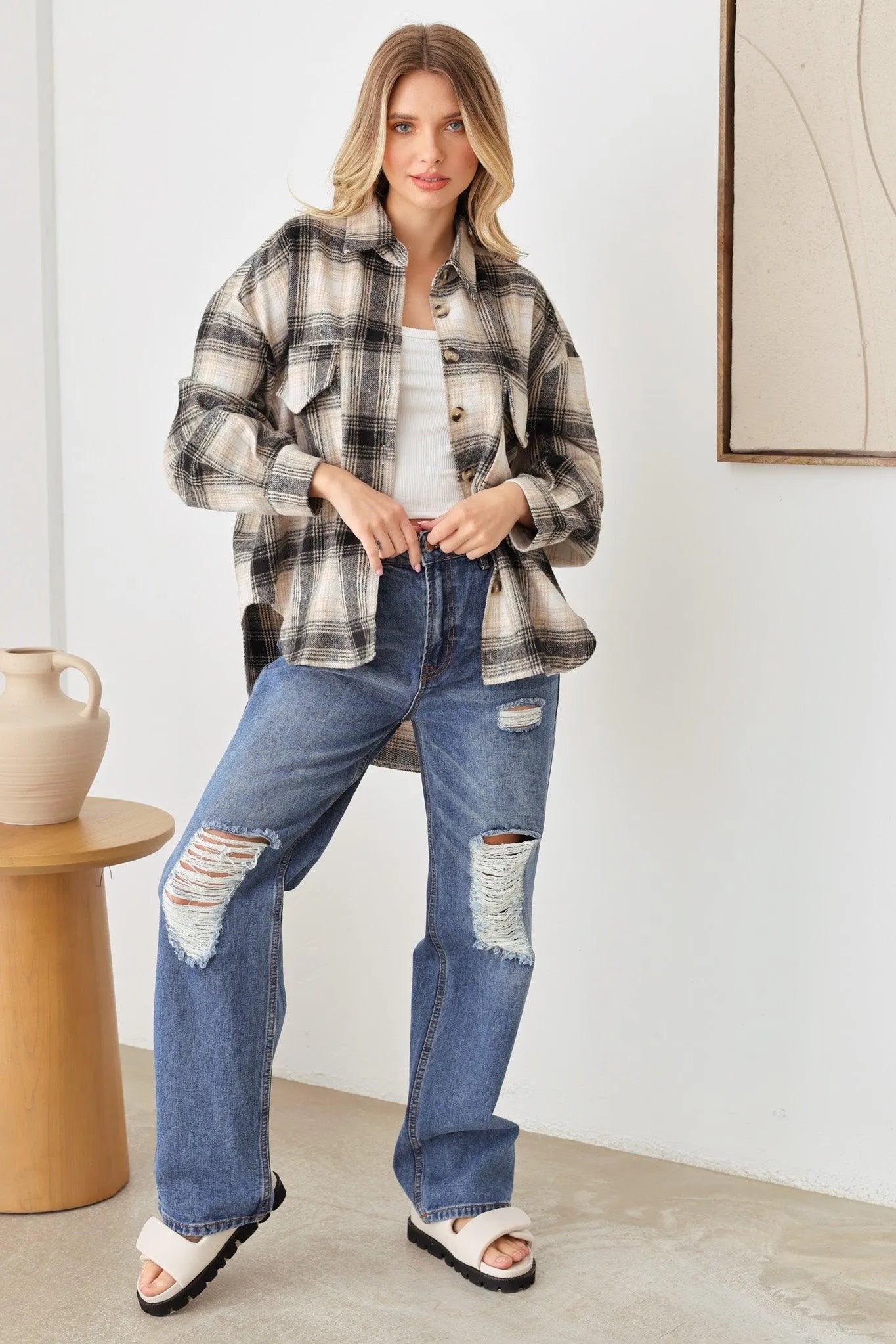 Nashville Country Plaid Long Sleeve Turn Down Collar Oversize Shirt Shacket Jacket - Tasha Apparel Wholesale