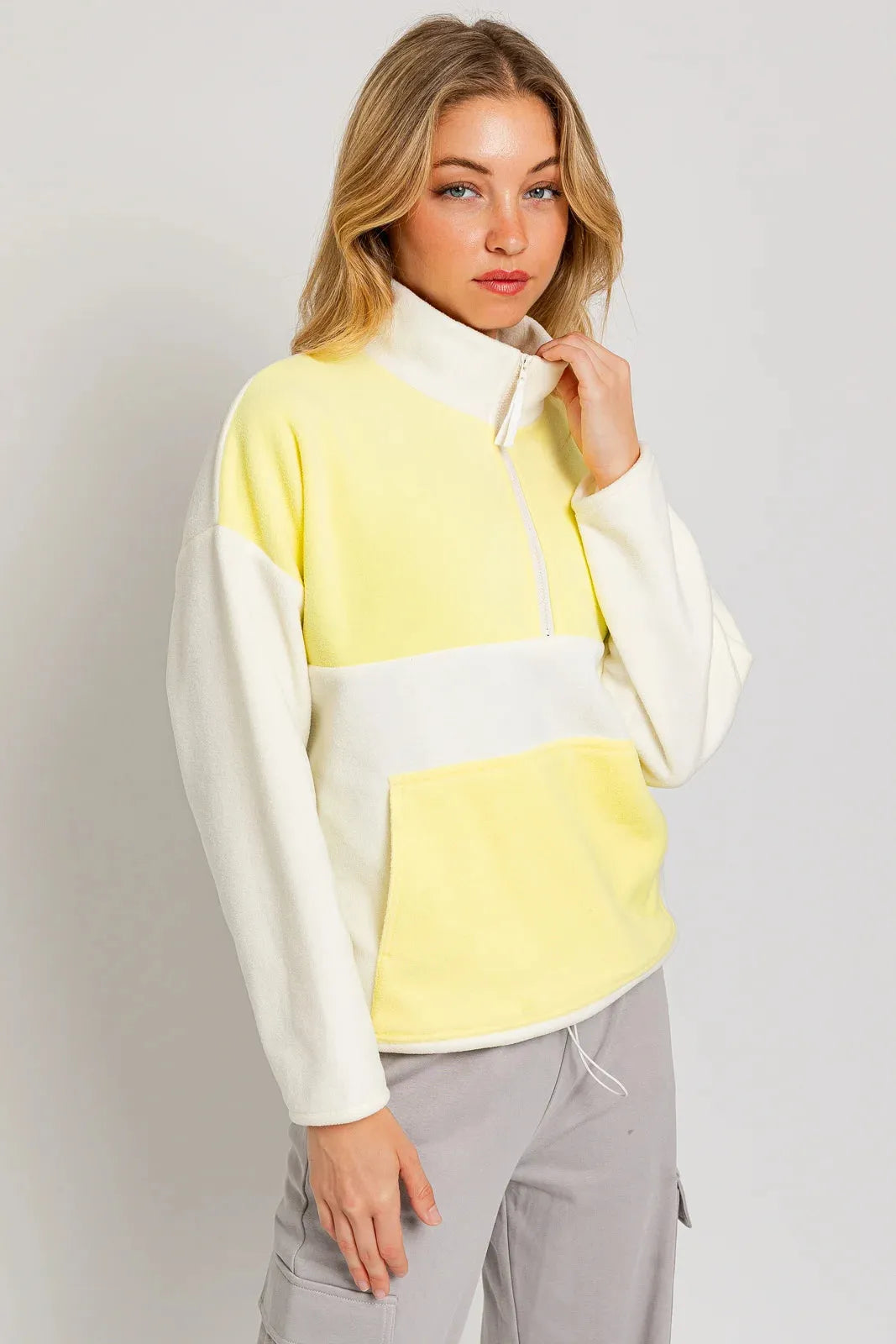 Color Block Fleece Zip Up Drawstring Hem Pullover Sweatshirt
