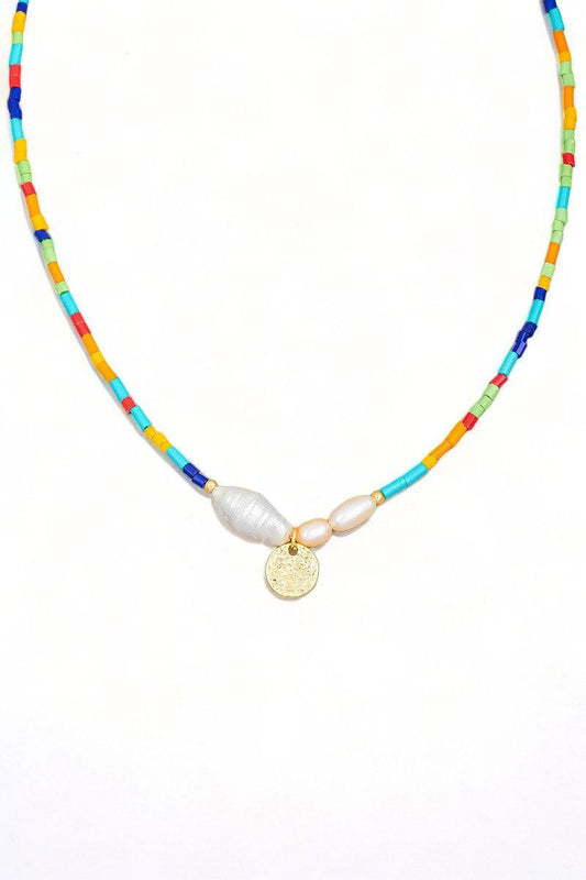 Colorful Bead Pearl Coin Charm Necklace - Tasha Apparel Wholesale