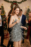 Silver Sequin Fringe Tiered Spaghetti Strap Mini Party Dress - Tasha Apparel Wholesale