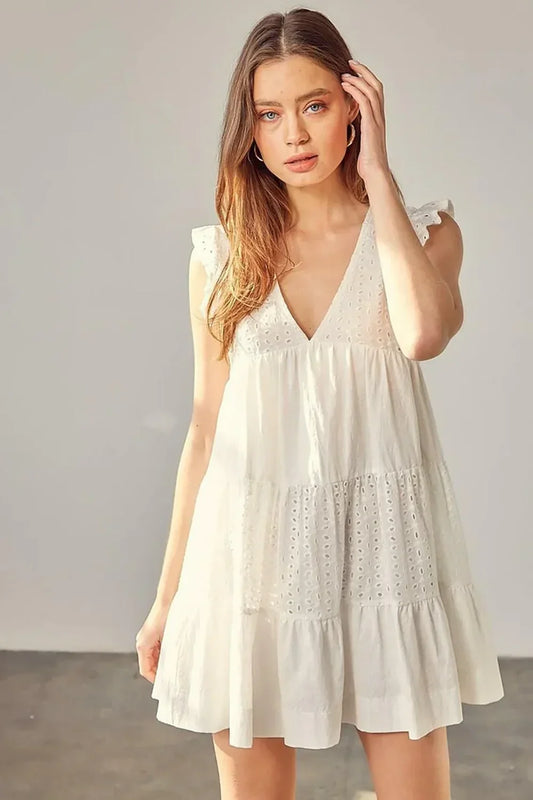 Smocked Waist V-Neck Flare Hem Mini Dress - Tasha Apparel Wholesale