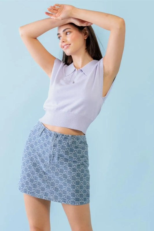 Lavender Sleeveless Collared Neck Crop Top /2-2-1 - Tasha Apparel Wholesale
