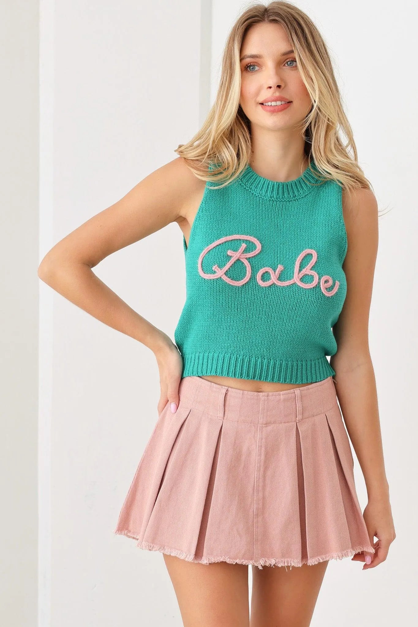 "Babe" Cropped Printed Sweater Knit Tank Vest - Tasha Apparel Wholesale