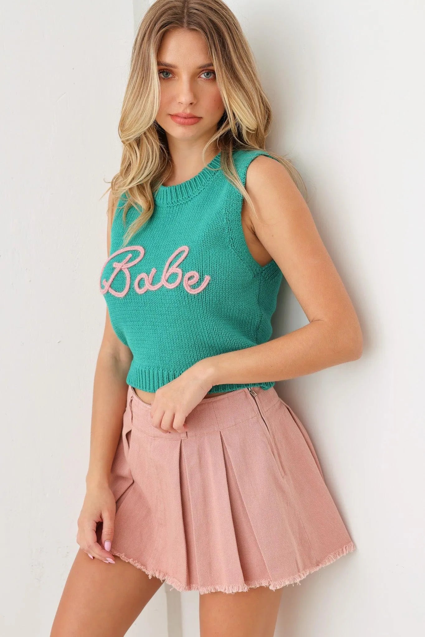 "Babe" Cropped Printed Sweater Knit Tank Vest - Tasha Apparel Wholesale
