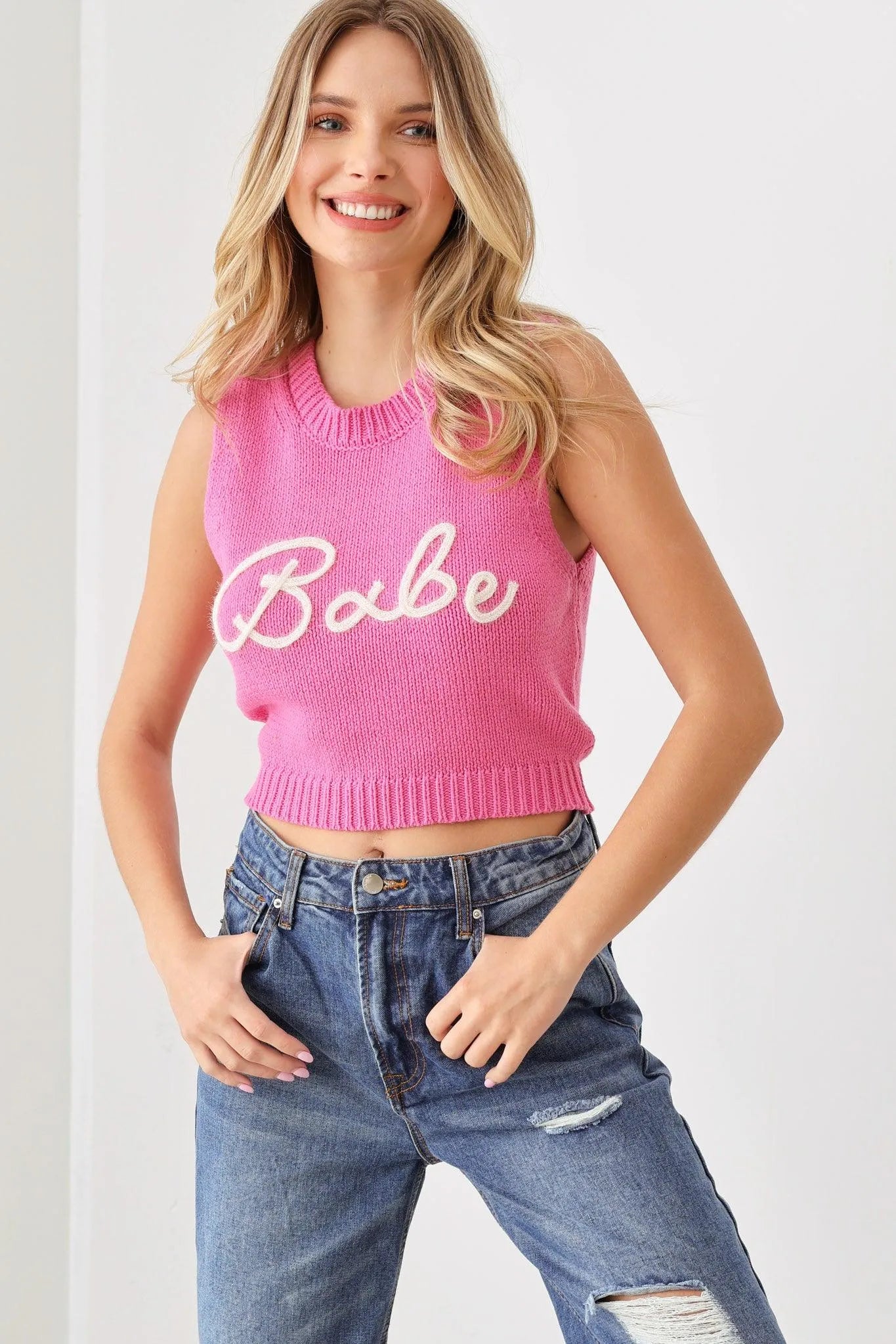 "Babe" Cropped Printed Sweater Knit Tank Vest - Tasha Apparel Wholesale