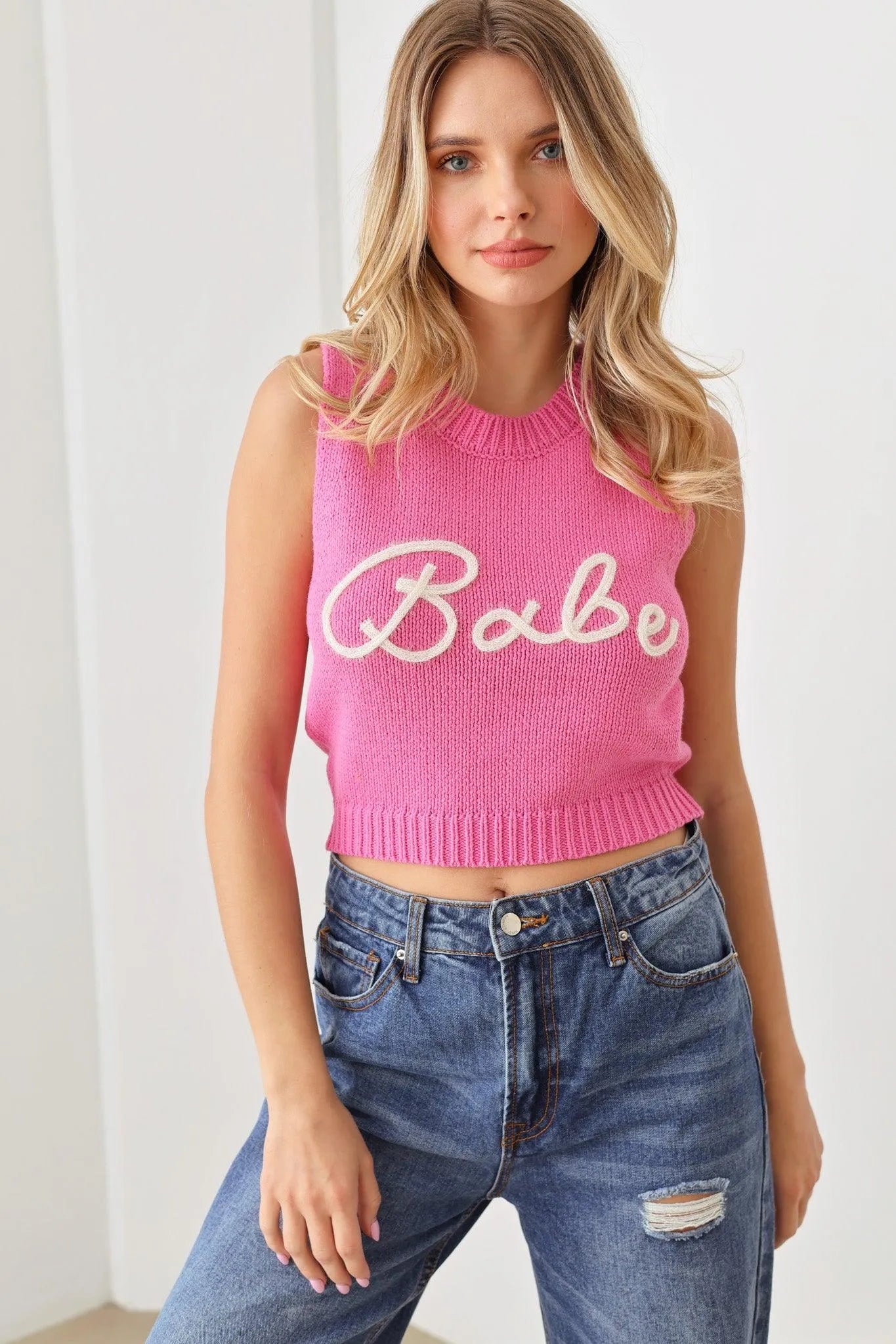 "Babe" Cropped Printed Sweater Knit Tank Vest - Tasha Apparel Wholesale