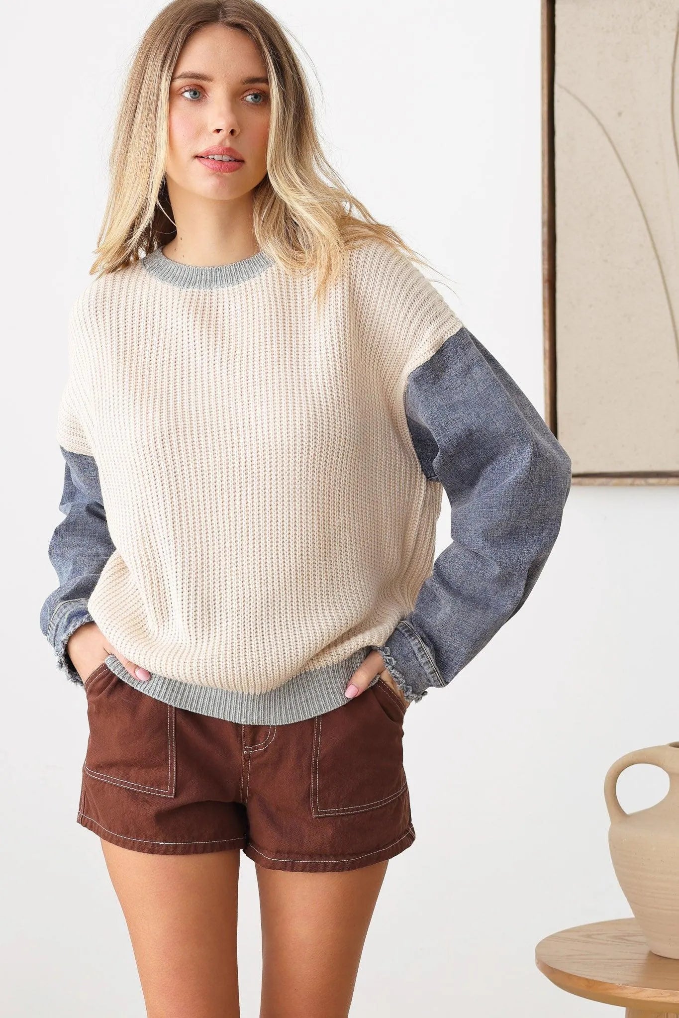 Vintage Long Denim Sleeve Gray Hem Gray Round Neck Line Sweater - Tasha Apparel Wholesale
