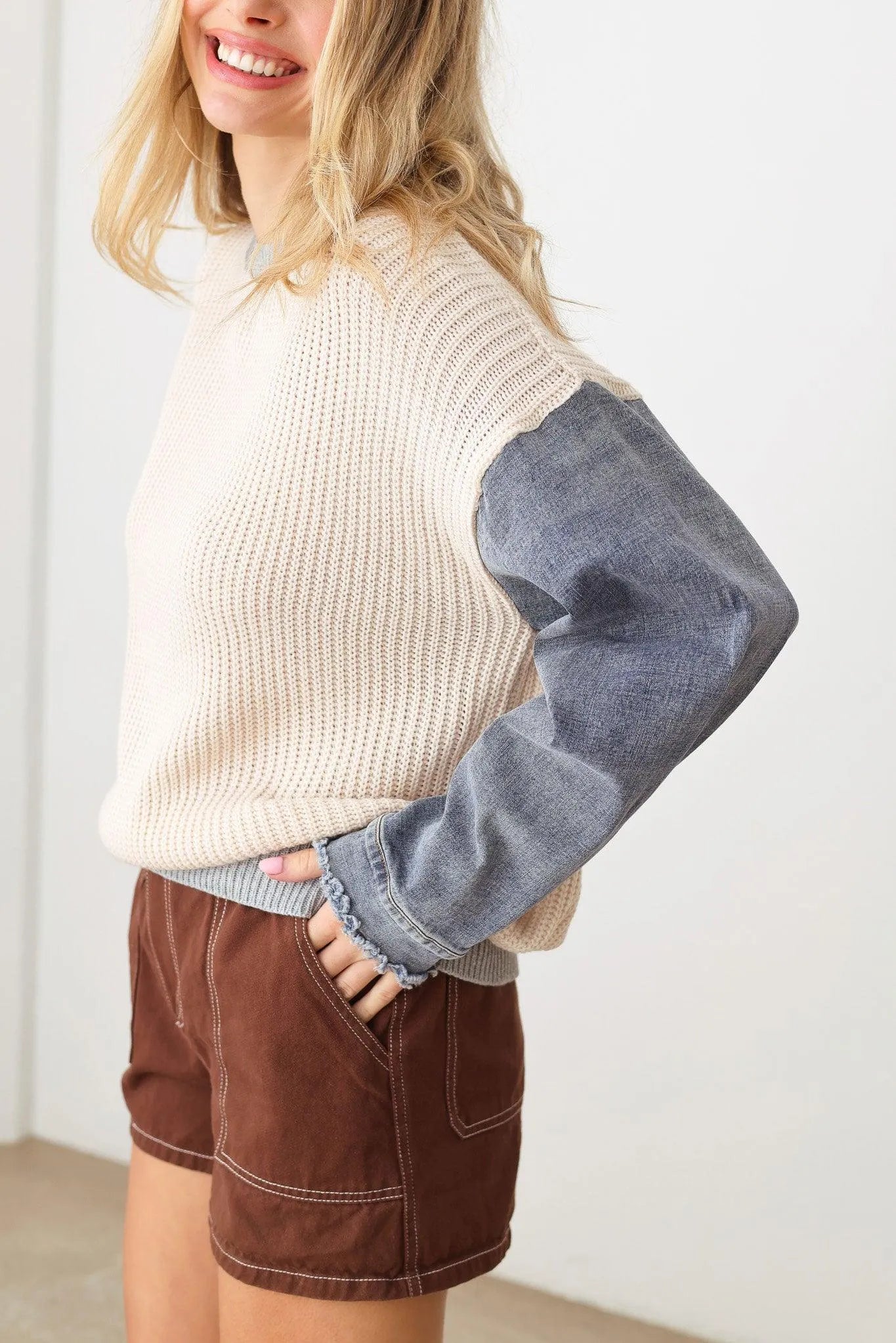 Vintage Long Denim Sleeve Gray Hem Gray Round Neck Line Sweater - Tasha Apparel Wholesale