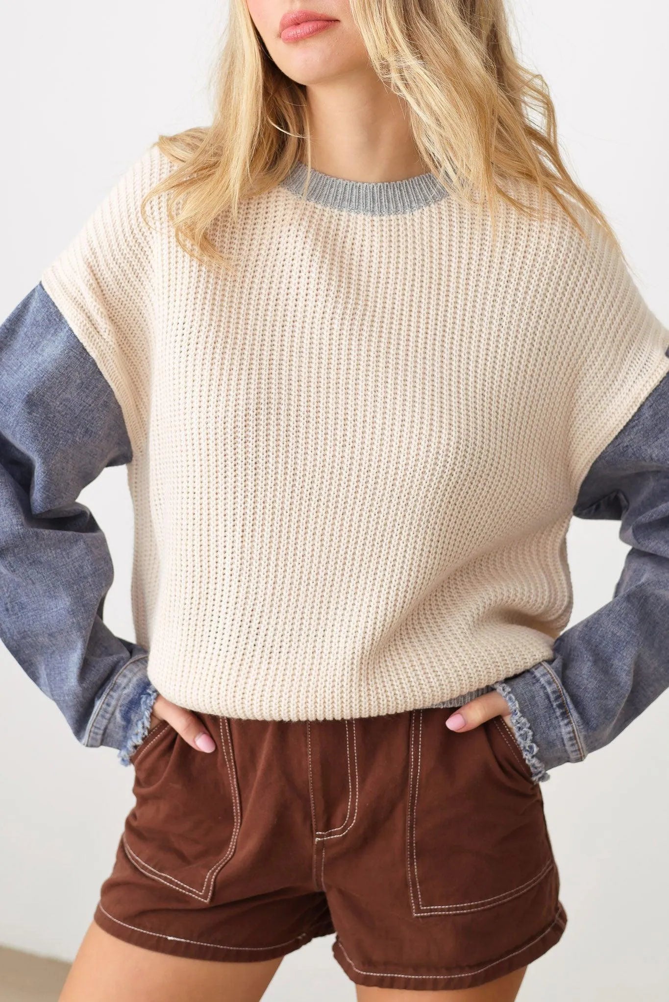 Vintage Long Denim Sleeve Gray Hem Gray Round Neck Line Sweater - Tasha Apparel Wholesale