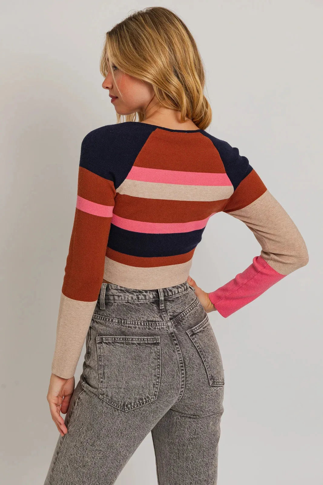Color Block Long Sleeve Square Neckline Crop Sweater - Tasha Apparel Wholesale