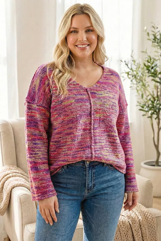 Plus Size Oversized Casual Multi-Color V-Neck Chunky Knit Sweater