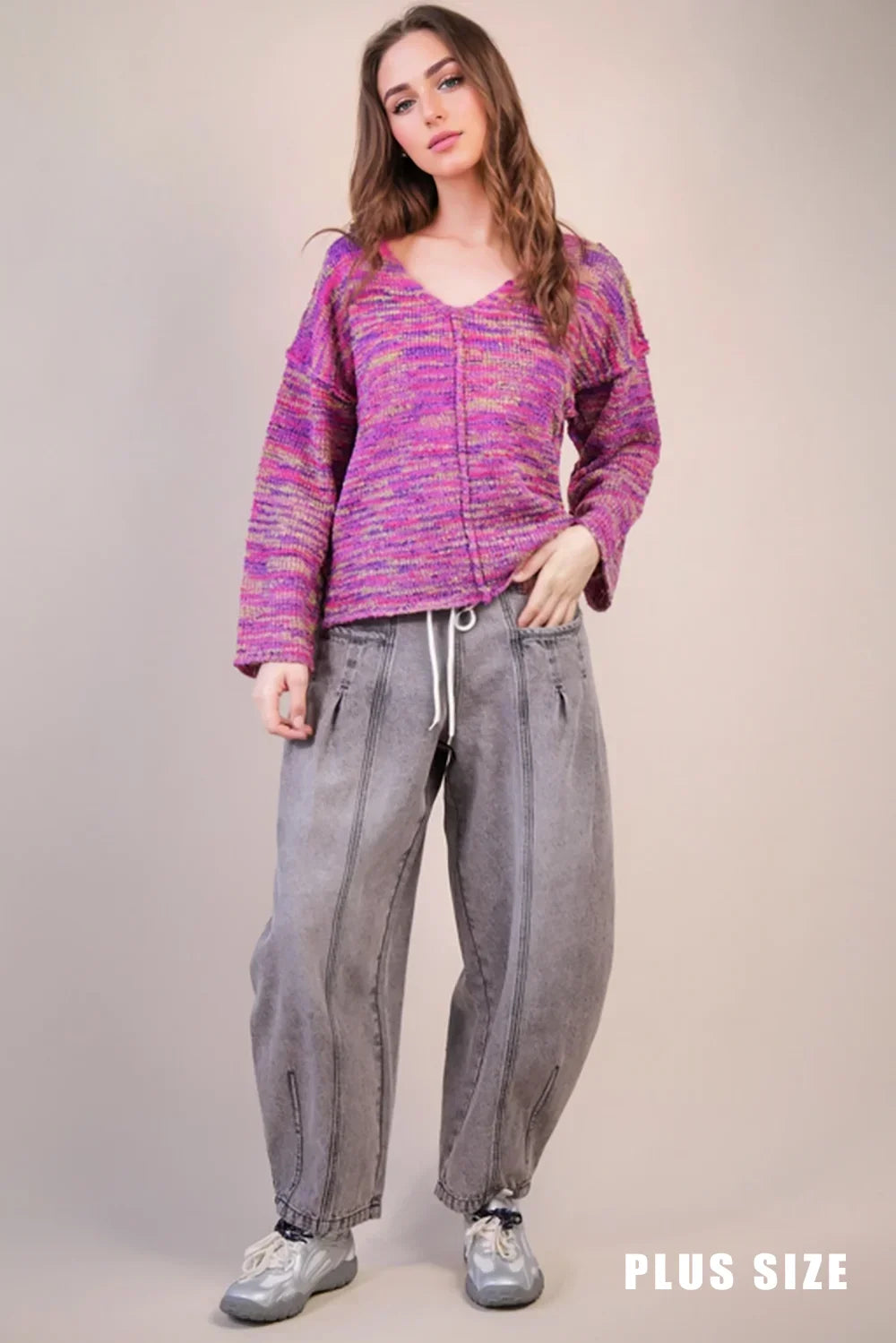 Oversized Casual Multi-Color V-Neck Chunky Knit Sweater