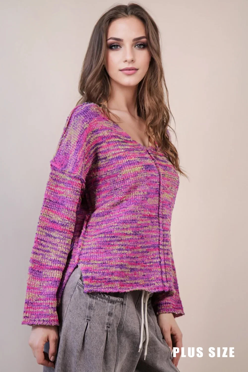 Oversized Casual Multi-Color V-Neck Chunky Knit Sweater
