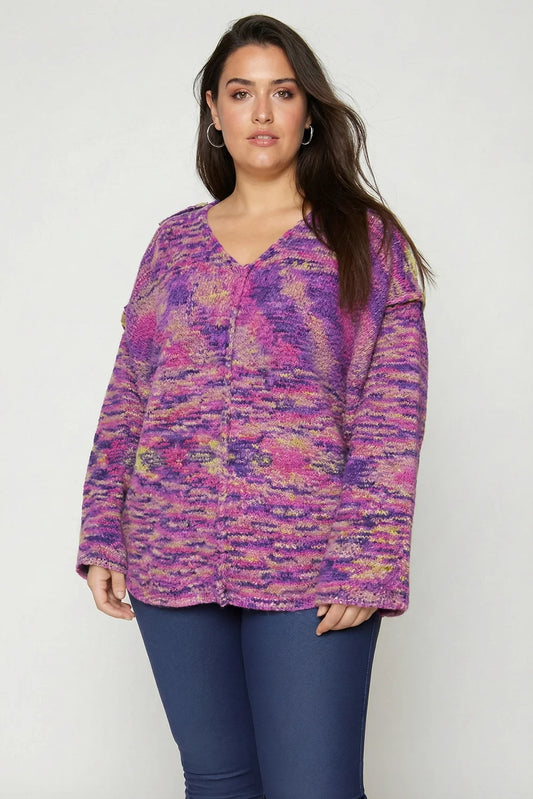 Plus Size Oversized Casual Multi-Color V-Neck Chunky Knit Sweater