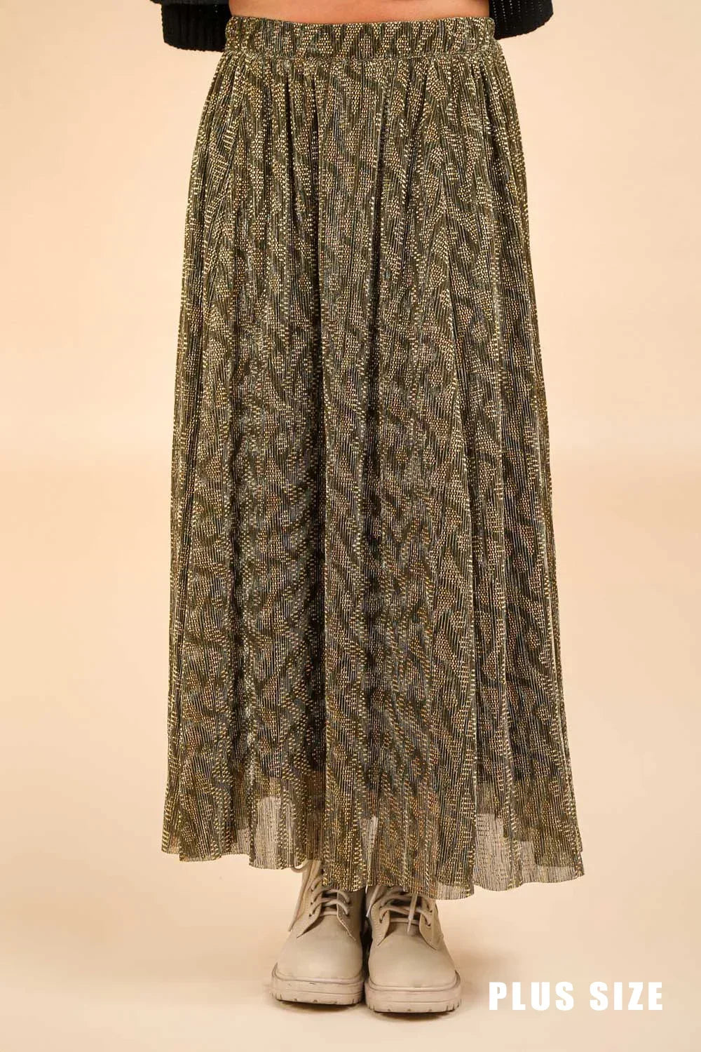 Plus Size Ethnic Metallic Pleated Elastic Waist Boho Festival Fashion Maxi Skirt - Tasha Apparel Wholesale