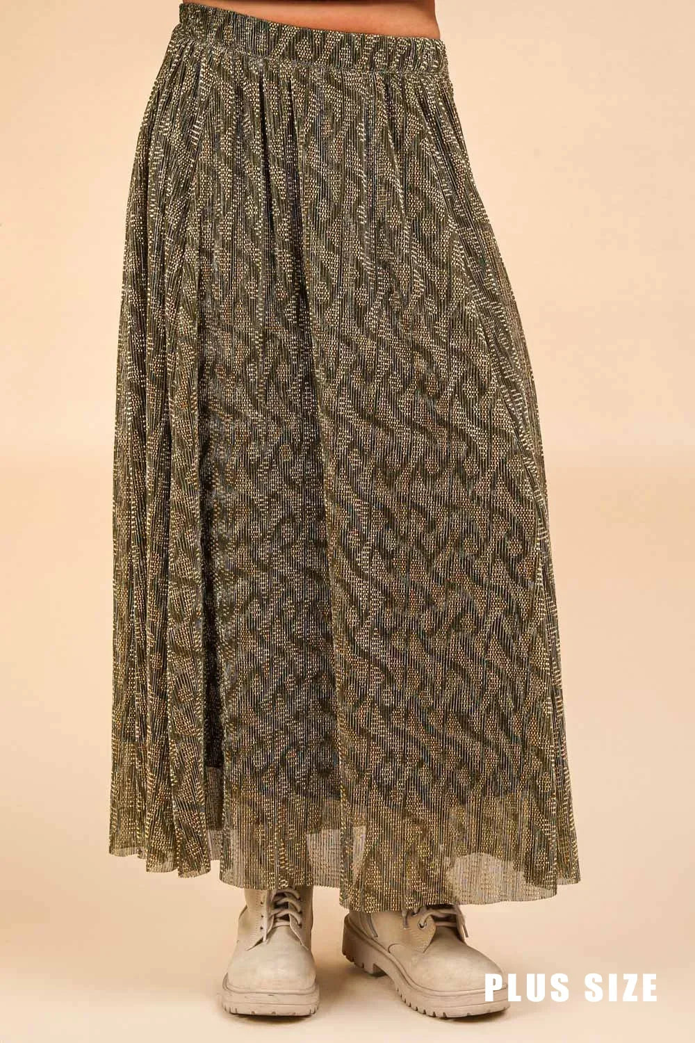 Plus Size Ethnic Metallic Pleated Elastic Waist Boho Festival Fashion Maxi Skirt - Tasha Apparel Wholesale