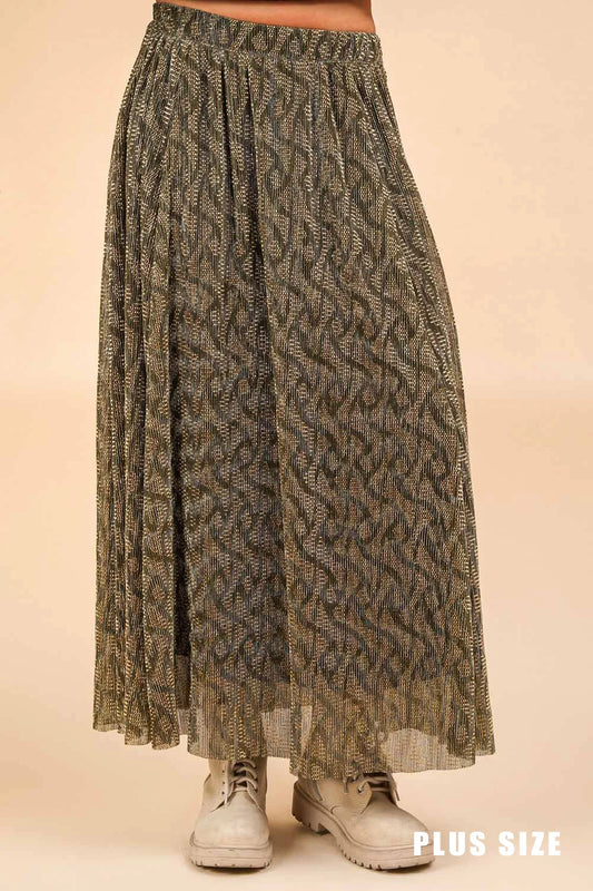 Plus Size Ethnic Metallic Pleated Elastic Waist Boho Festival Fashion Midi Skirt