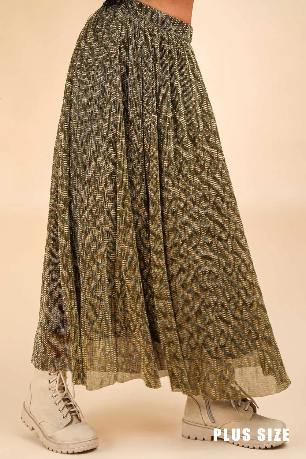 Plus Size Ethnic Metallic Pleated Elastic Waist Boho Festival Fashion Maxi Skirt - Tasha Apparel Wholesale