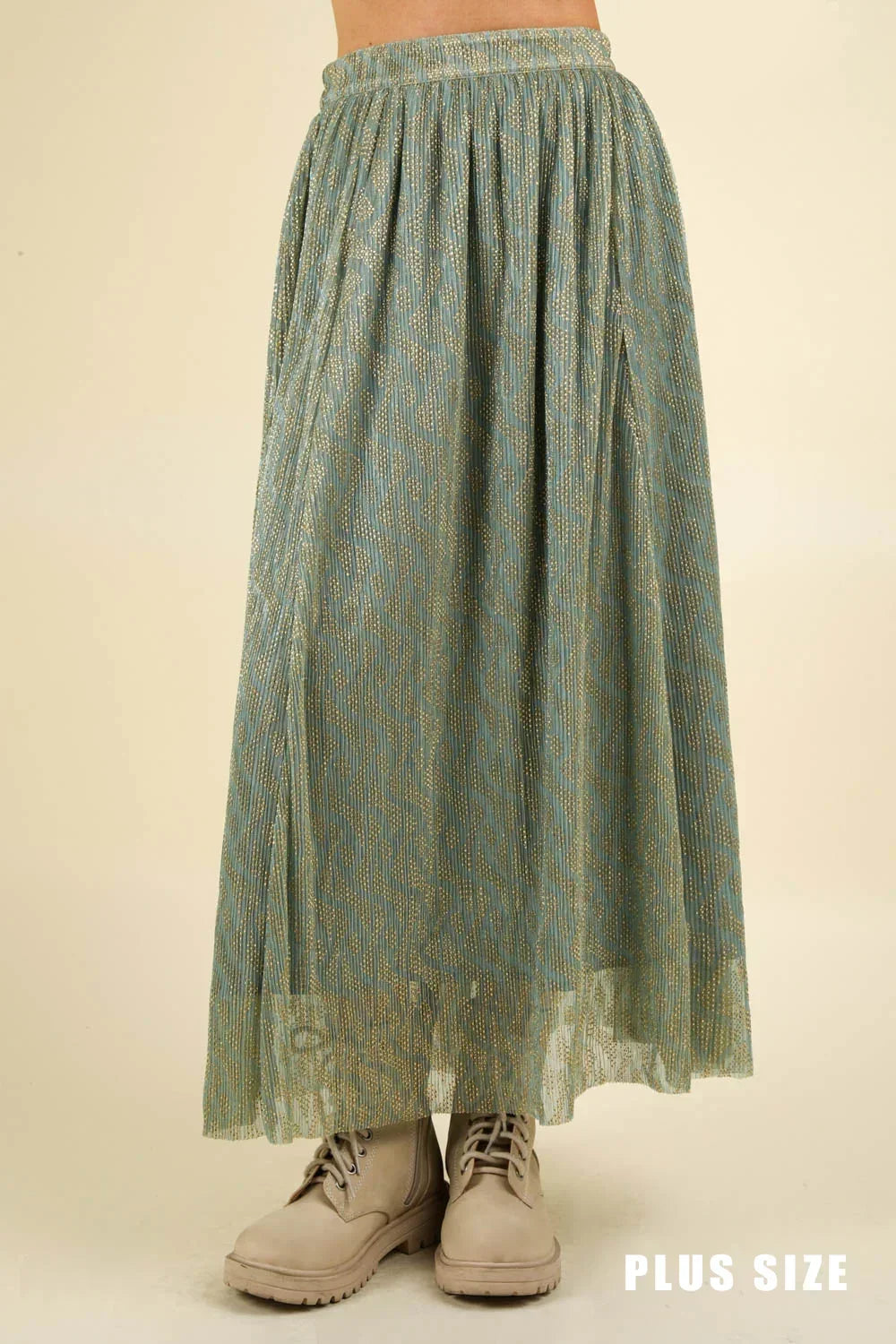 Plus Size Ethnic Metallic Pleated Elastic Waist Boho Festival Fashion Maxi Skirt - Tasha Apparel Wholesale