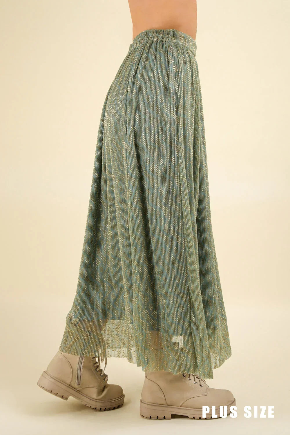 Plus Size Ethnic Metallic Pleated Elastic Waist Boho Festival Fashion Maxi Skirt - Tasha Apparel Wholesale