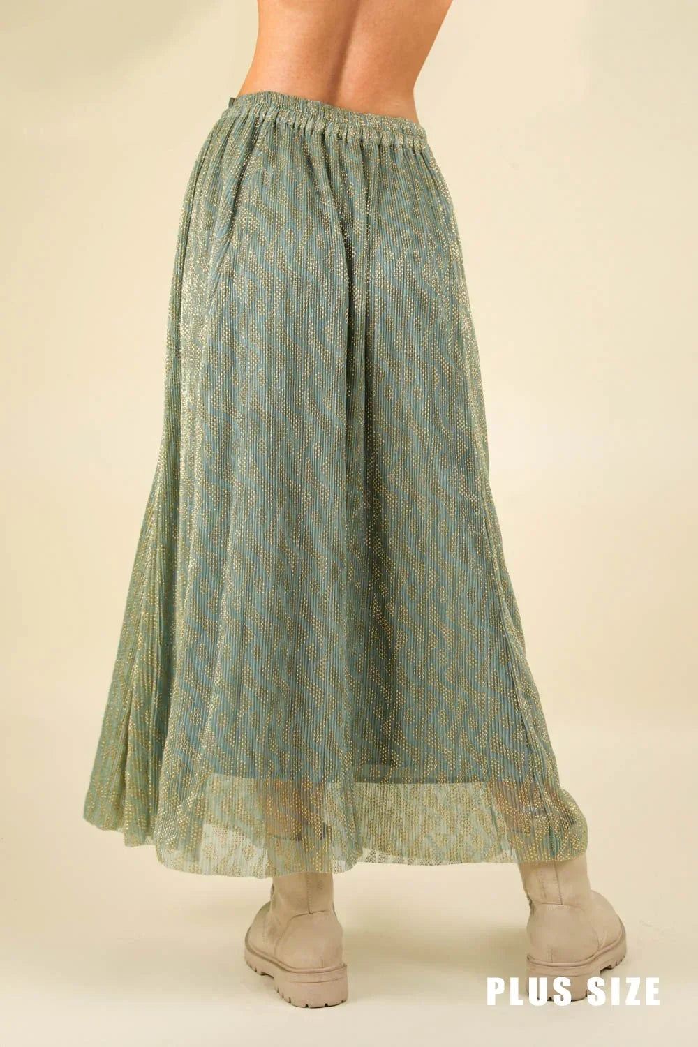 Plus Size Ethnic Metallic Pleated Elastic Waist Boho Festival Fashion Maxi Skirt - Tasha Apparel Wholesale
