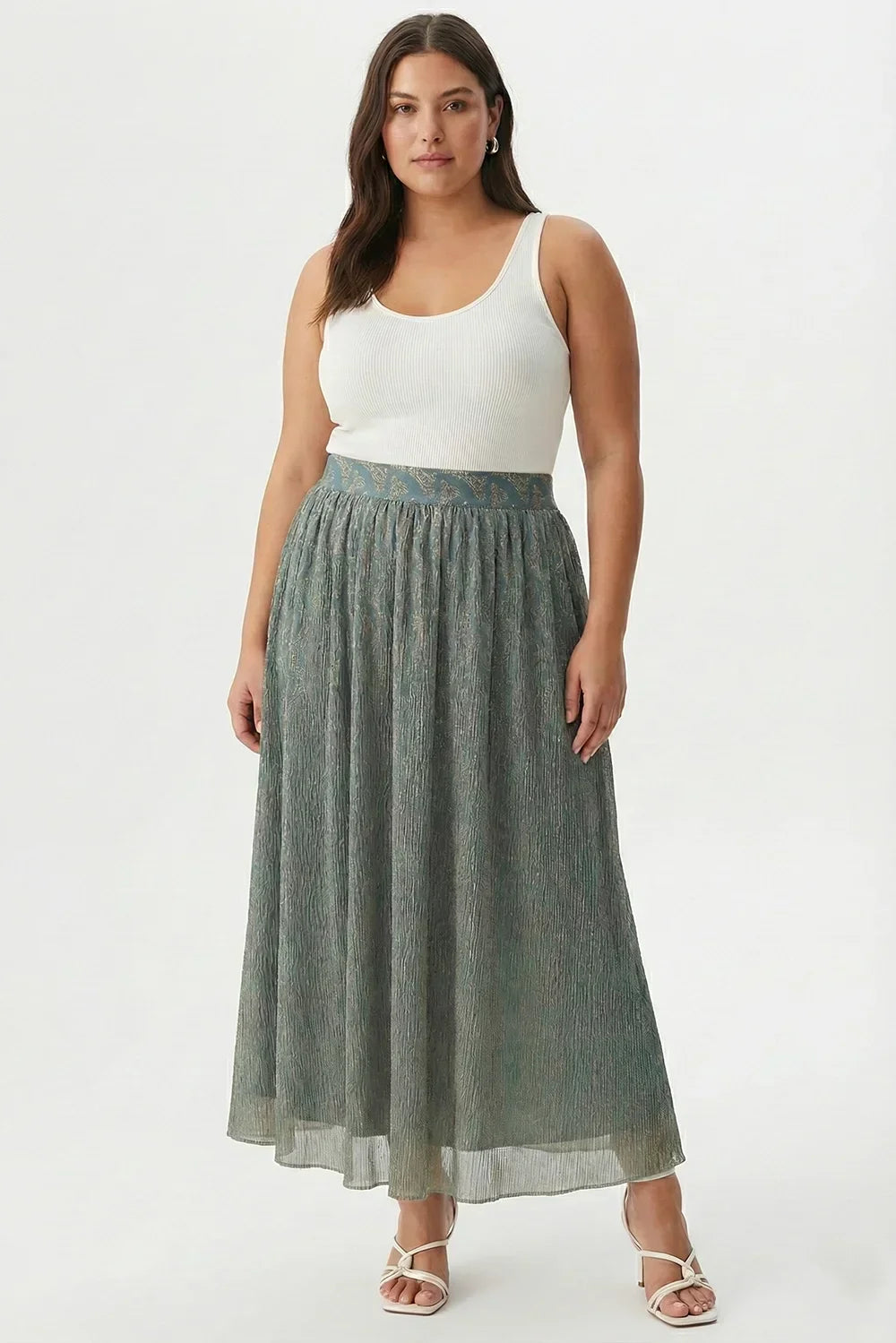 Plus Size Ethnic Metallic Pleated Elastic Waist Boho Festival Fashion Maxi Skirt - Tasha Apparel Wholesale