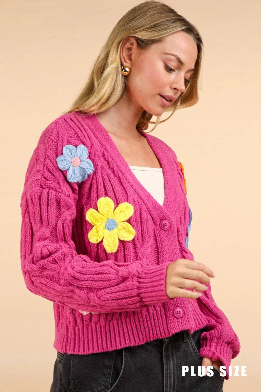 Plus Size Hand-Made Floral Applique Embroidered Cable Knit Cardigan - Tasha Apparel Wholesale