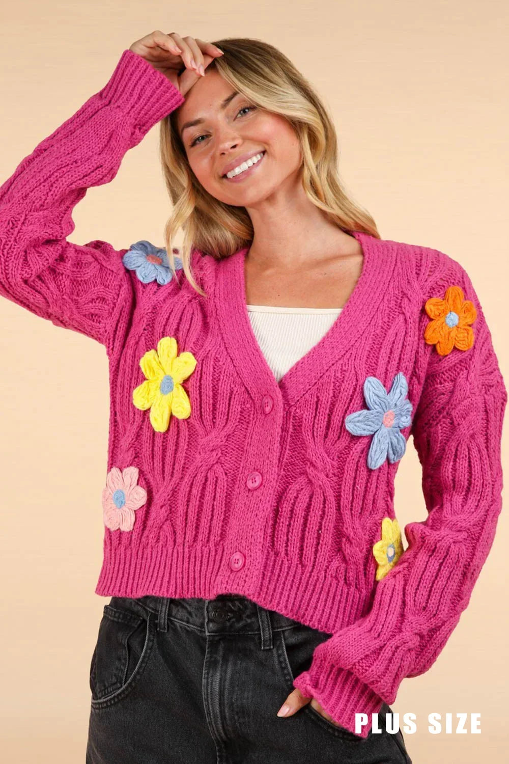 Plus Size Hand-Made Floral Applique Embroidered Cable Knit Cardigan - Tasha Apparel Wholesale