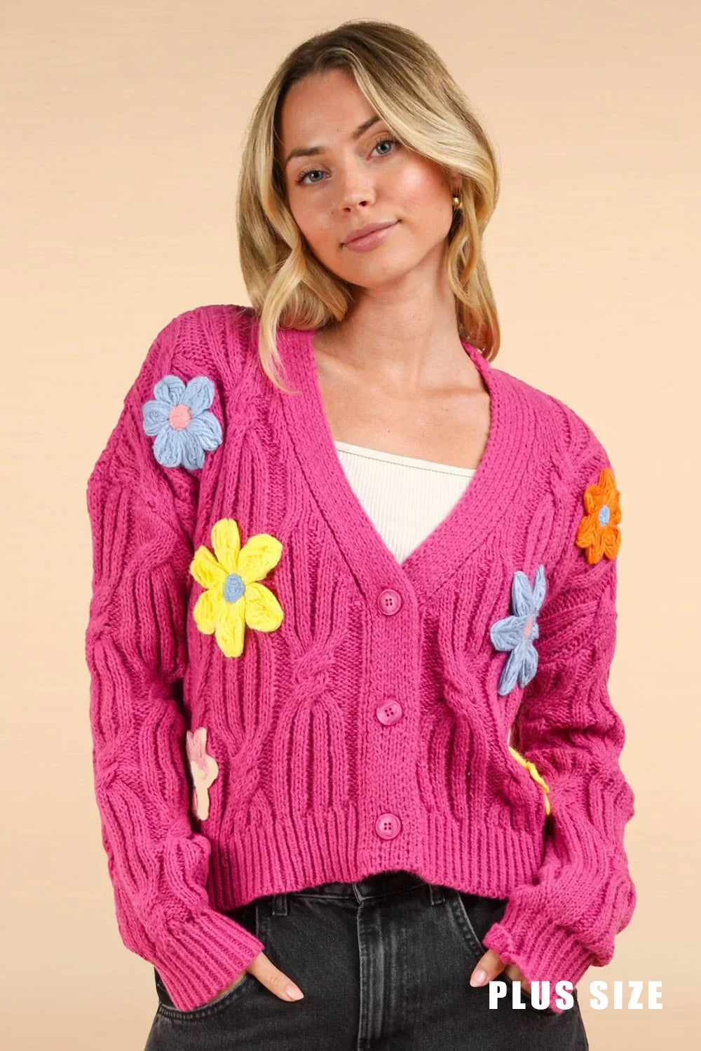 Plus Size Hand-Made Floral Applique Embroidered Cable Knit Cardigan - Tasha Apparel Wholesale